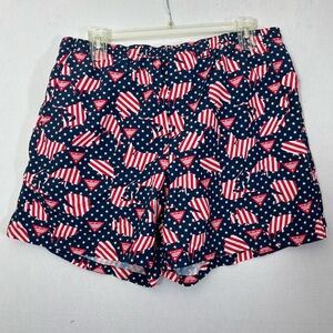 Columbia Men's XL Navy Red Flag Fish Swim Trunks Lined Zip Pocket USA Star Beach